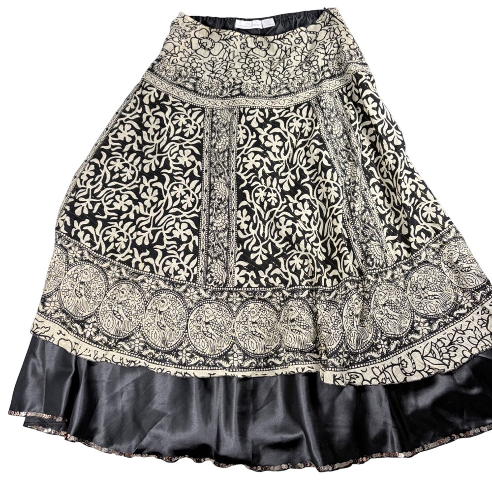 Soft Surroundings Block Print Midi Skirt Black Gold Metallic Sequin Trim PXS